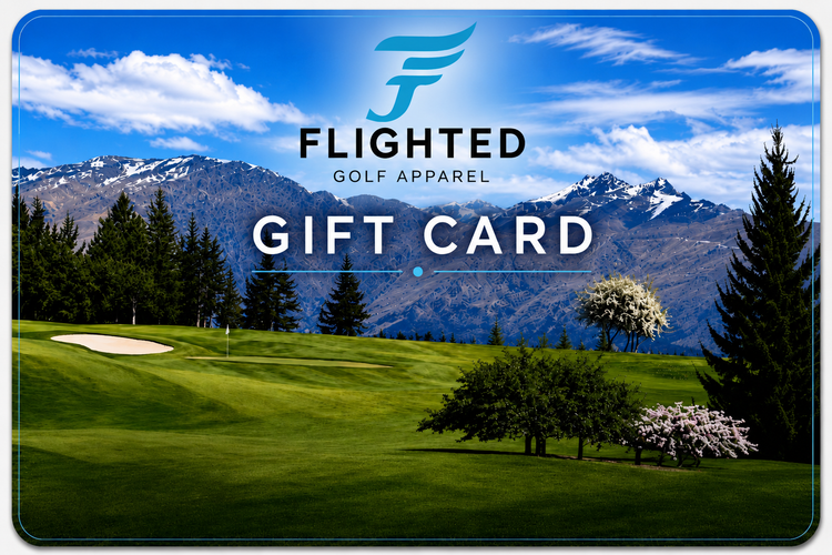 Flighted Golf Apparel gift card with a golf course and mountain background