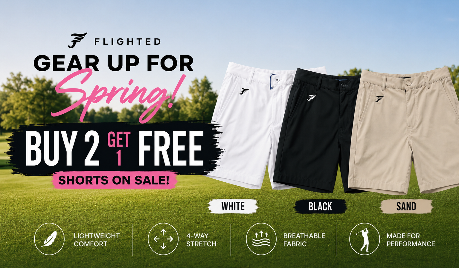 Promotional banner for Flighted golf shorts with a 'Buy 2 Get 1 Free' spring sale offer. The image shows three pairs of athletic shorts (white, black, and sand/beige) on a golf course background with feature icons and text highlighting lightweight comfort, 4-way stretch, breathable fabric, and performance.