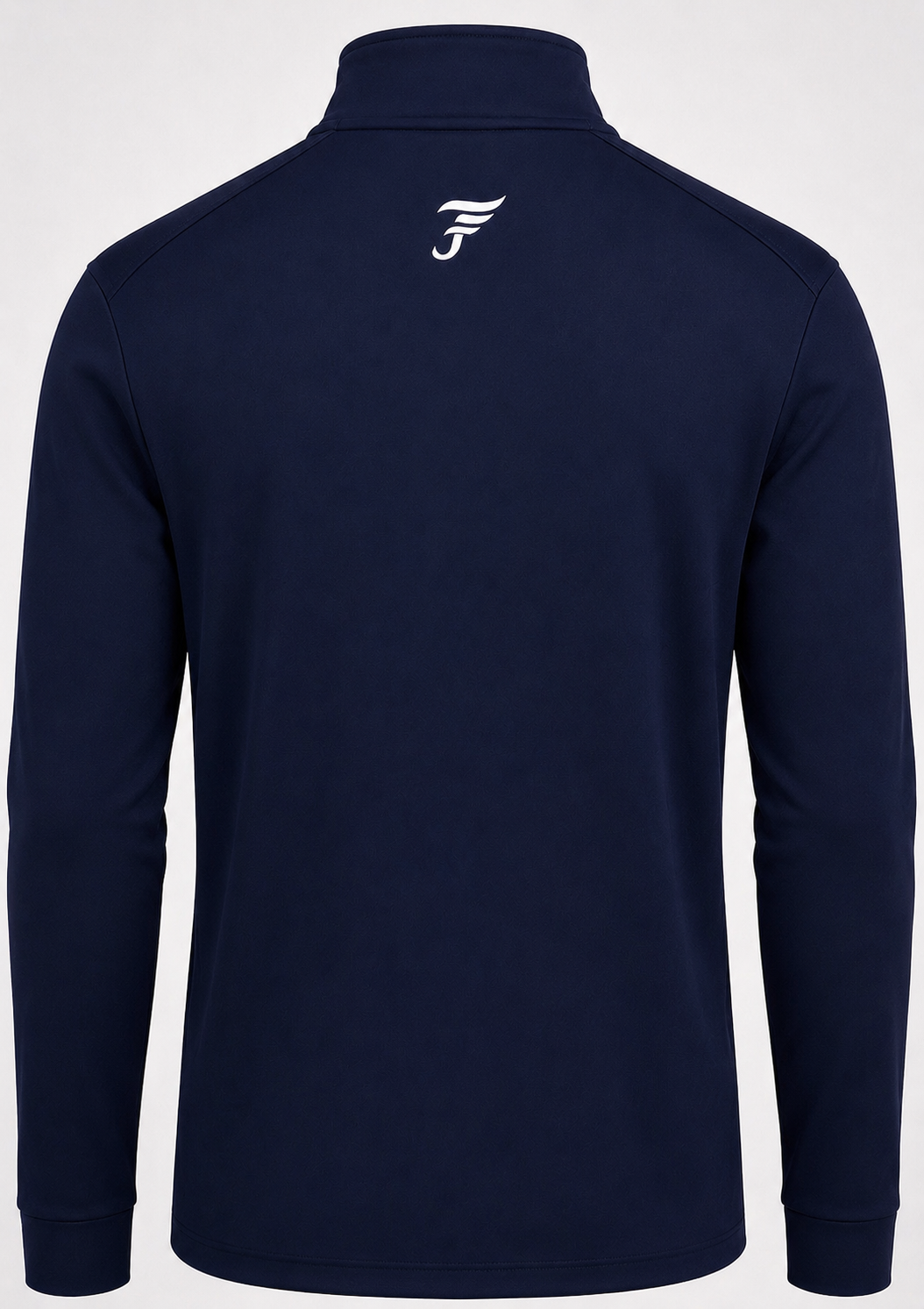 Navy blue long-sleeve shirt with a logo on the back against a white background